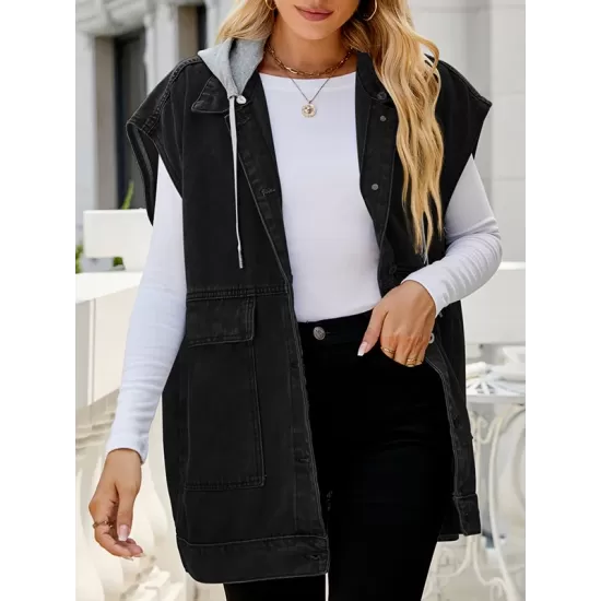 Buttoned Detachable Hooded Pockets Split-Joint Loose Sleeveless Lapel Collar Vest Outerwear