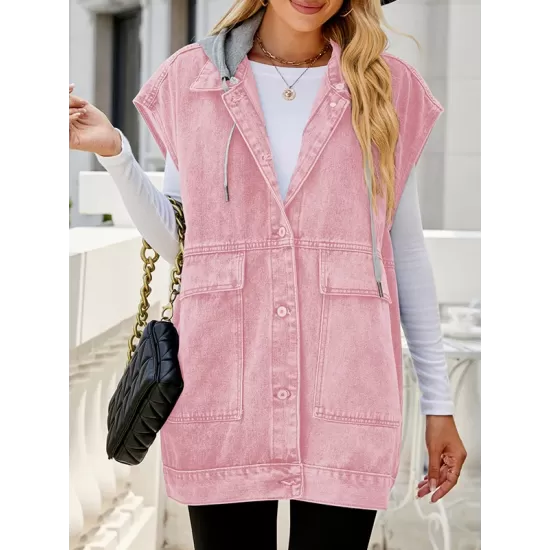 Buttoned Detachable Hooded Pockets Split-Joint Loose Sleeveless Lapel Collar Vest Outerwear