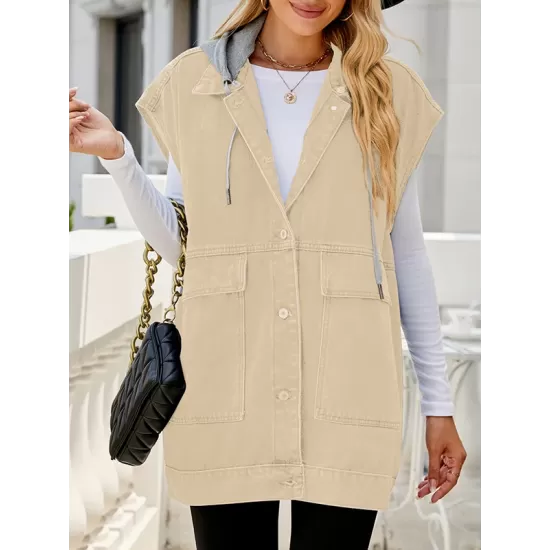 Buttoned Detachable Hooded Pockets Split-Joint Loose Sleeveless Lapel Collar Vest Outerwear