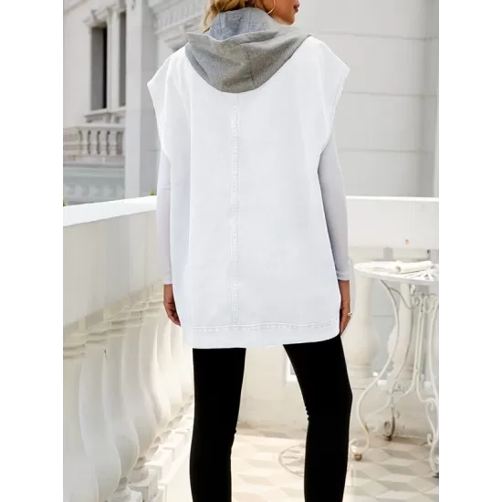 Buttoned Detachable Hooded Pockets Split-Joint Loose Sleeveless Lapel Collar Vest Outerwear