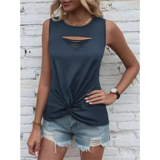 Hollow Knot Pleated Solid Color Sleeveless Round-Neck Vest Top