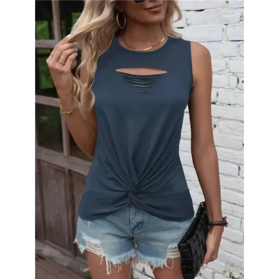 Hollow Knot Pleated Solid Color Sleeveless Round-Neck Vest Top