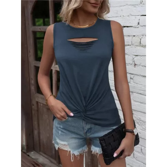 Hollow Knot Pleated Solid Color Sleeveless Round-Neck Vest Top