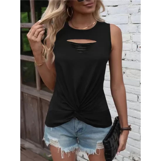 Hollow Knot Pleated Solid Color Sleeveless Round-Neck Vest Top