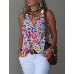 Printed Split-Joint Sleeveless V-Neck Vest Top