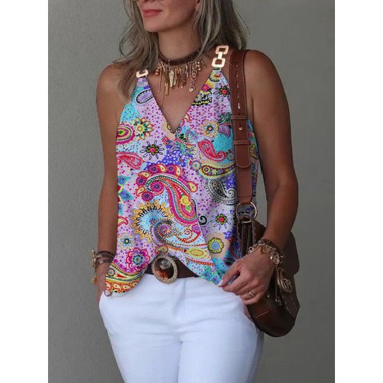 Printed Split-Joint Sleeveless V-Neck Vest Top