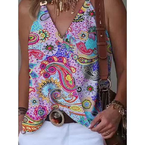 Printed Split-Joint Sleeveless V-Neck Vest Top