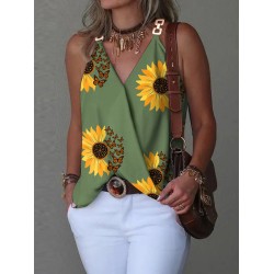 Flower Print Split-Joint Sleeveless V-Neck Vest Top