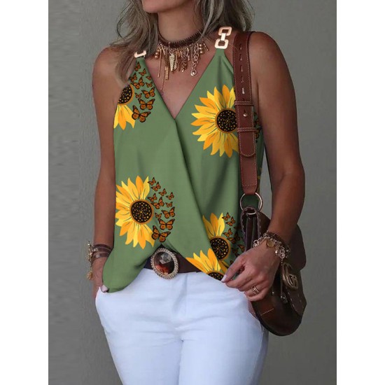 Flower Print Split-Joint Sleeveless V-Neck Vest Top