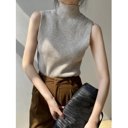 Solid Color Skinny Sleeveless High-Neck Vest Top Knitwear