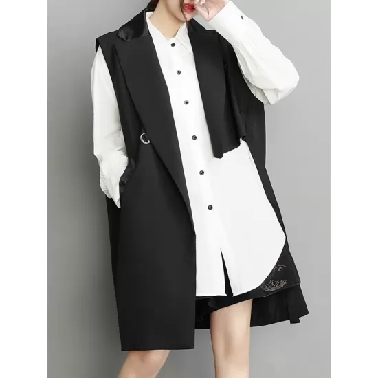 Asymmetric Pockets Tied Sleeveless Notched Collar Vest Outerwear