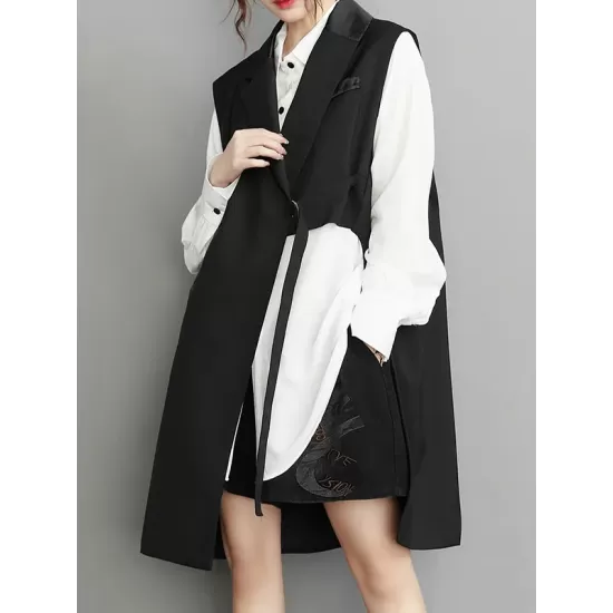 Asymmetric Pockets Tied Sleeveless Notched Collar Vest Outerwear