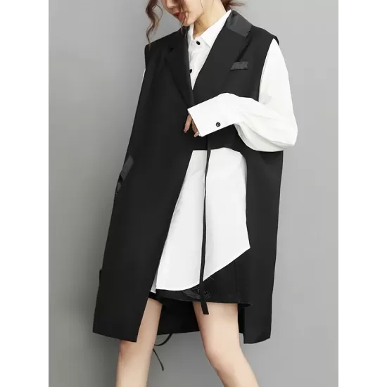 Asymmetric Pockets Tied Sleeveless Notched Collar Vest Outerwear