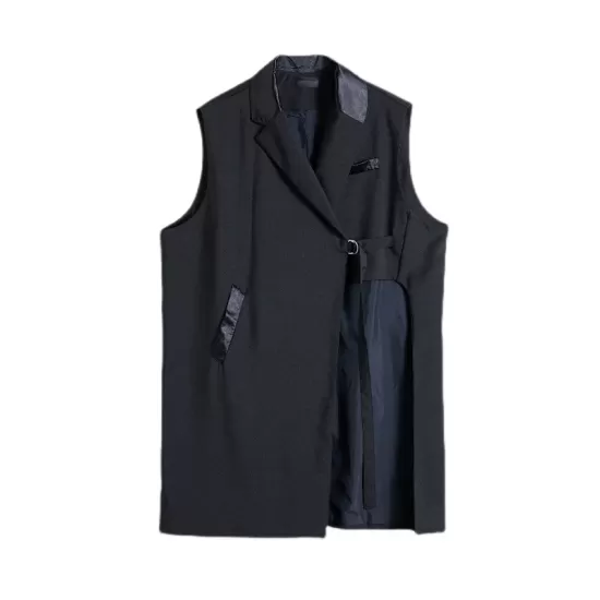 Asymmetric Pockets Tied Sleeveless Notched Collar Vest Outerwear