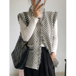 Buttoned Fringed Pockets Striped Loose Sleeveless V-Neck Vest Outerwear