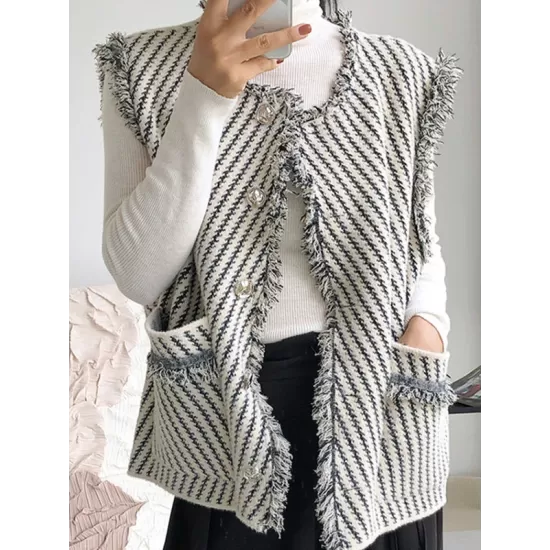 Buttoned Fringed Pockets Striped Loose Sleeveless V-Neck Vest Outerwear