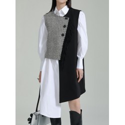 Asymmetric Buttoned Houndstooth Sleeveless Vest Outerwear