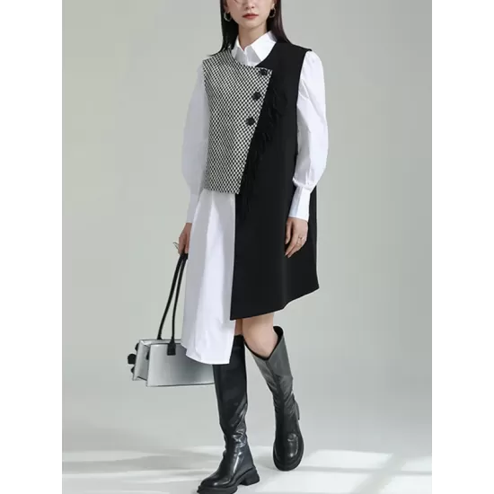 Asymmetric Buttoned Houndstooth Sleeveless Vest Outerwear