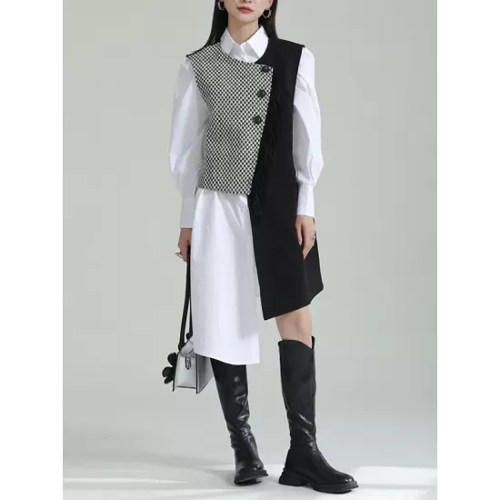 Asymmetric Buttoned Houndstooth Sleeveless Vest Outerwear