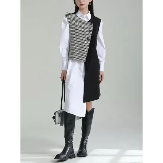 Asymmetric Buttoned Houndstooth Sleeveless Vest Outerwear