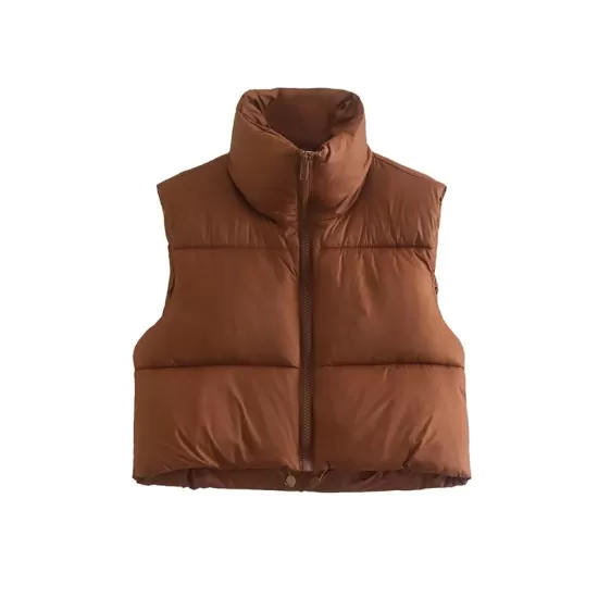 Skinny Sleeveless Solid Color Zipper Stand Collar Padded Vest Vest Top