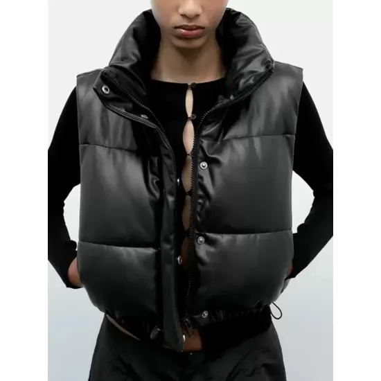 Drawstring Elasticity Solid Color Split-Joint Zipper Skinny Sleeveless Stand Collar Padded Vest