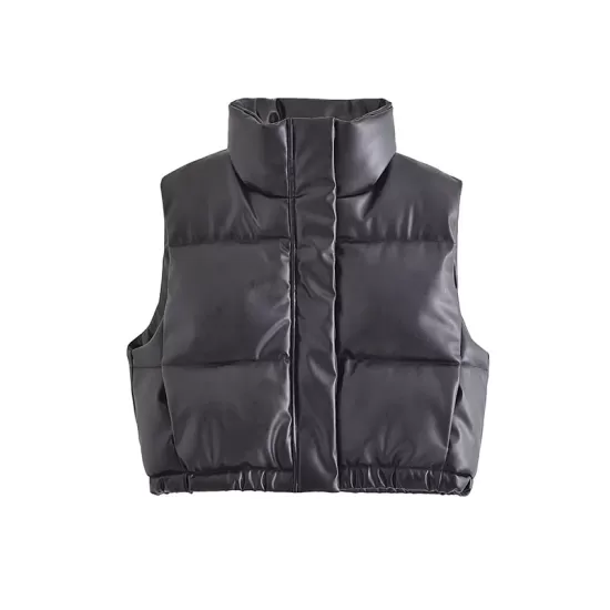 Drawstring Elasticity Solid Color Split-Joint Zipper Skinny Sleeveless Stand Collar Padded Vest