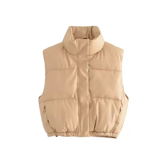 Drawstring Elasticity Solid Color Split-Joint Zipper Skinny Sleeveless Stand Collar Padded Vest