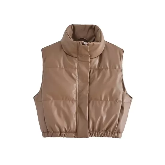 Drawstring Elasticity Solid Color Split-Joint Zipper Skinny Sleeveless Stand Collar Padded Vest