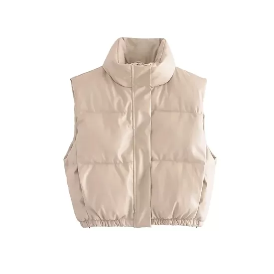 Drawstring Elasticity Solid Color Split-Joint Zipper Skinny Sleeveless Stand Collar Padded Vest