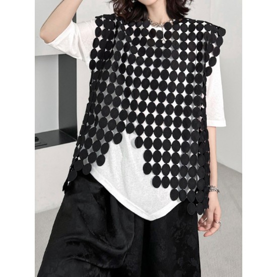 Hollow Solid Color Split-Joint Irregular Clipping Loose Round-Neck Vest Top