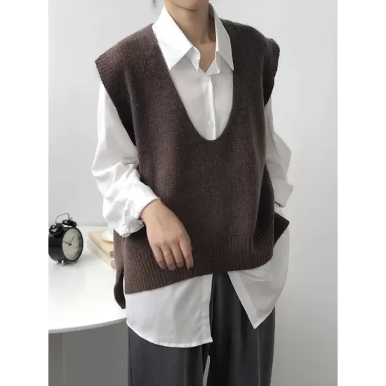 Knitting Irregularity Solid V-Neck Vest