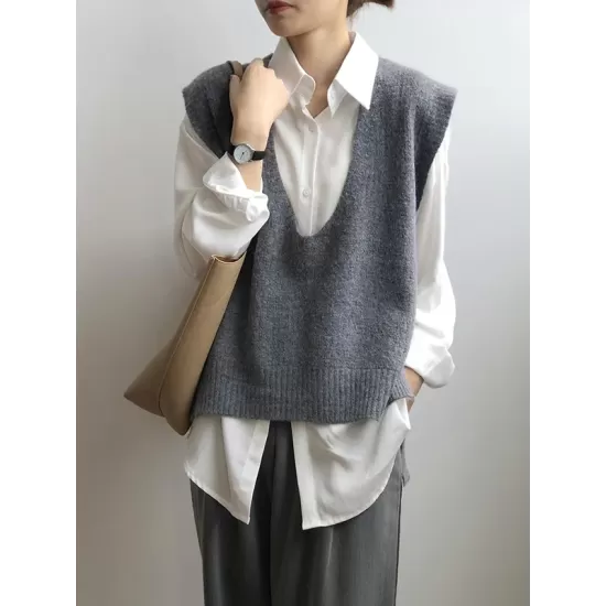 Knitting Irregularity Solid V-Neck Vest