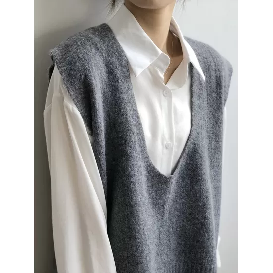 Knitting Irregularity Solid V-Neck Vest