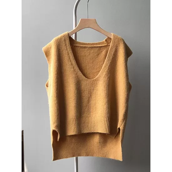 Knitting Irregularity Solid V-Neck Vest