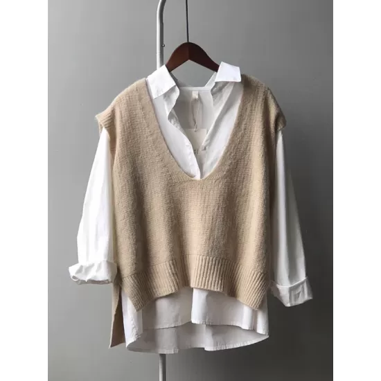 Knitting Irregularity Solid V-Neck Vest