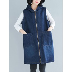 Casual Zipper Sleeveless Denim Vest Hooded Outerwear