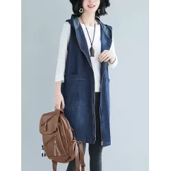 Casual Zipper Sleeveless Denim Vest Hooded Outerwear