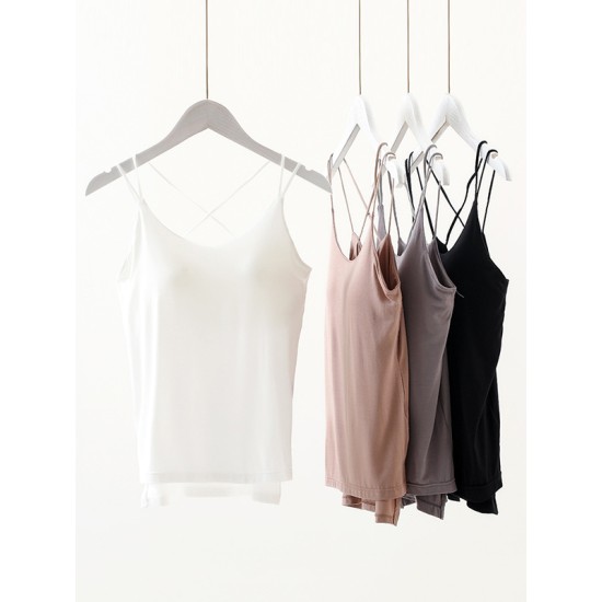 Simple Solid Color High-Low Backless Spaghetti-Neck Shirts