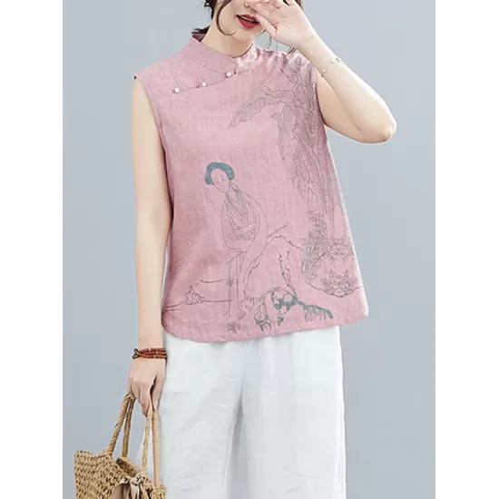 Artistic Retro Chinese-Style Printed Buttoned Stand Collar Sleeveless Vest