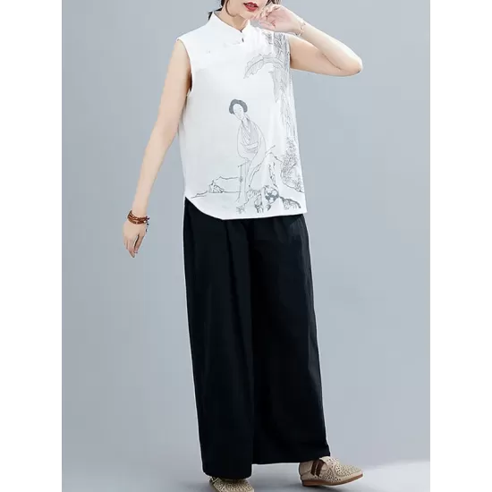 Artistic Retro Chinese-Style Printed Buttoned Stand Collar Sleeveless Vest