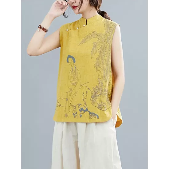 Artistic Retro Chinese-Style Printed Buttoned Stand Collar Sleeveless Vest