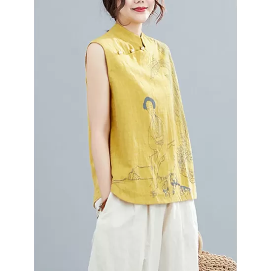 Artistic Retro Chinese-Style Printed Buttoned Stand Collar Sleeveless Vest