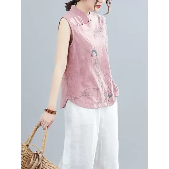 Artistic Retro Chinese-Style Printed Buttoned Stand Collar Sleeveless Vest