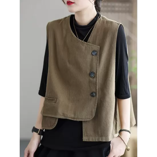 Vintage Asymmetric Solid Color Buttoned Vest Top