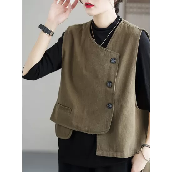 Vintage Asymmetric Solid Color Buttoned Vest Top