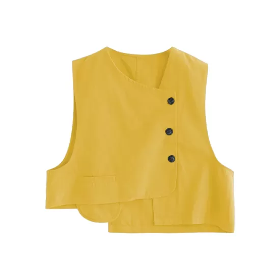 Vintage Asymmetric Solid Color Buttoned Vest Top