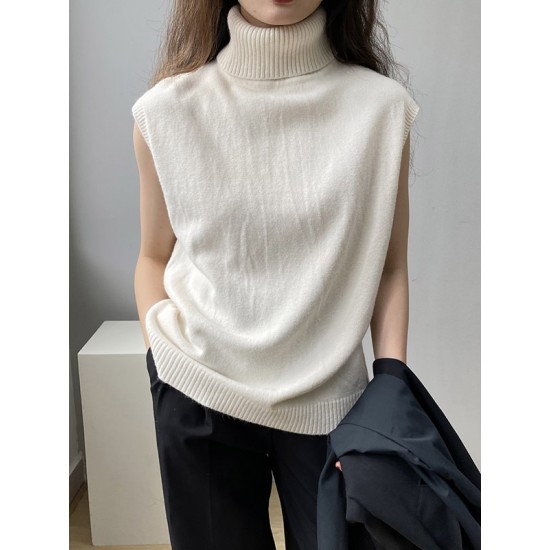 Simple Loose Solid Color High-Neck Knitting Vest Top