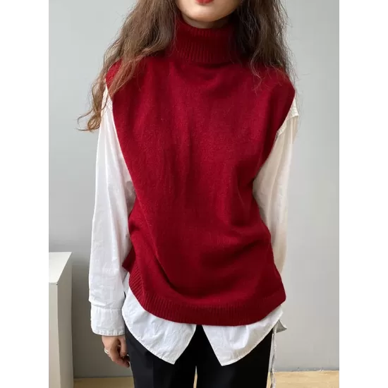 Simple Loose Solid Color High-Neck Knitting Vest Top