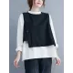 Original Stand Collar Long Sleeves T-Shirt Top&Buttoned Vest Outwear 2 Pieces Set